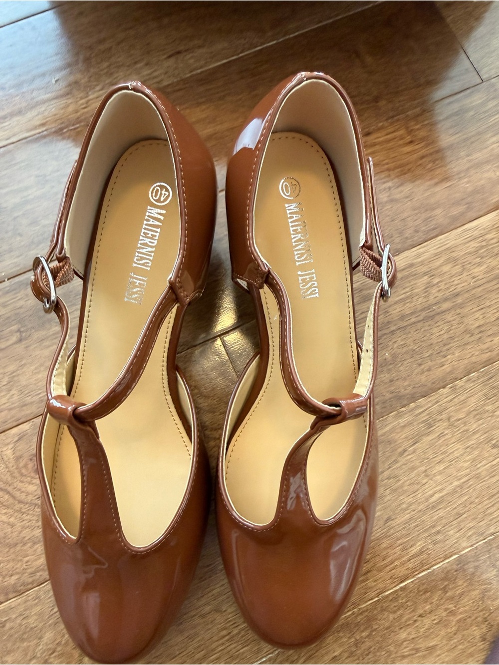 Maiernisi Jesse T-Strap Patent Leather Pumps in Carmel Brown